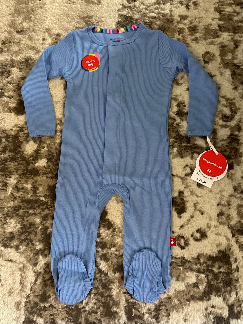 Magnetic Me Blue Ribbed Magnetic-Closure Baby Footie
